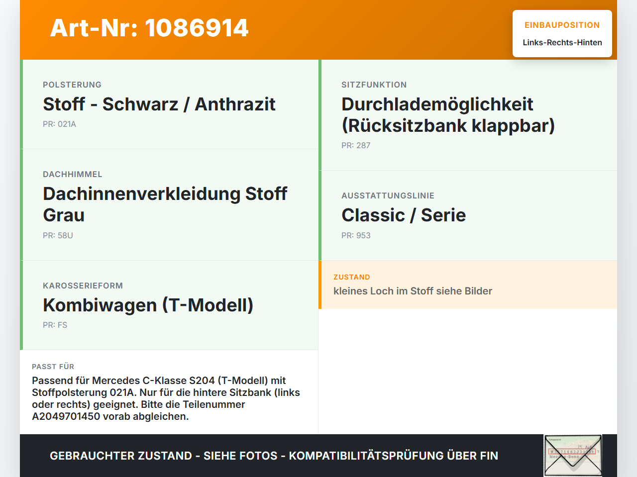 Mercedes S204 W204 11-15 Kopfstütze Rechts oder Links Hinten Mercedes S204 W204 11-15 11.05.2012 A2049701450 gebraucht Vorschau 3