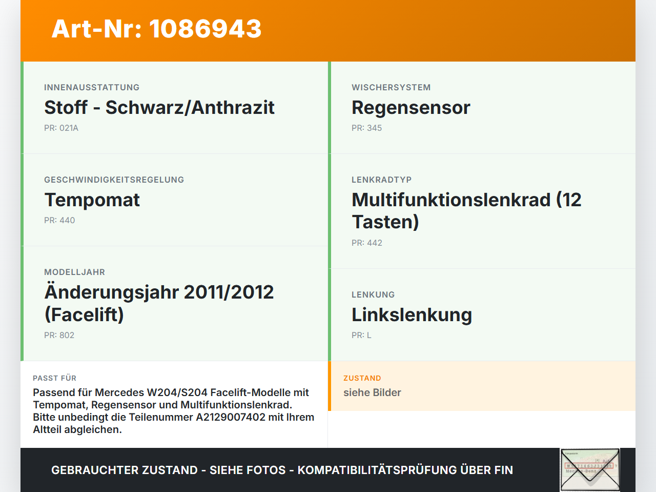 Mercedes S204 W204 11-15 Lenkstockschalter Blinker Wischer Kombischalter Mercedes S204 W204 11-15 11.05.2012... Vorschau 3