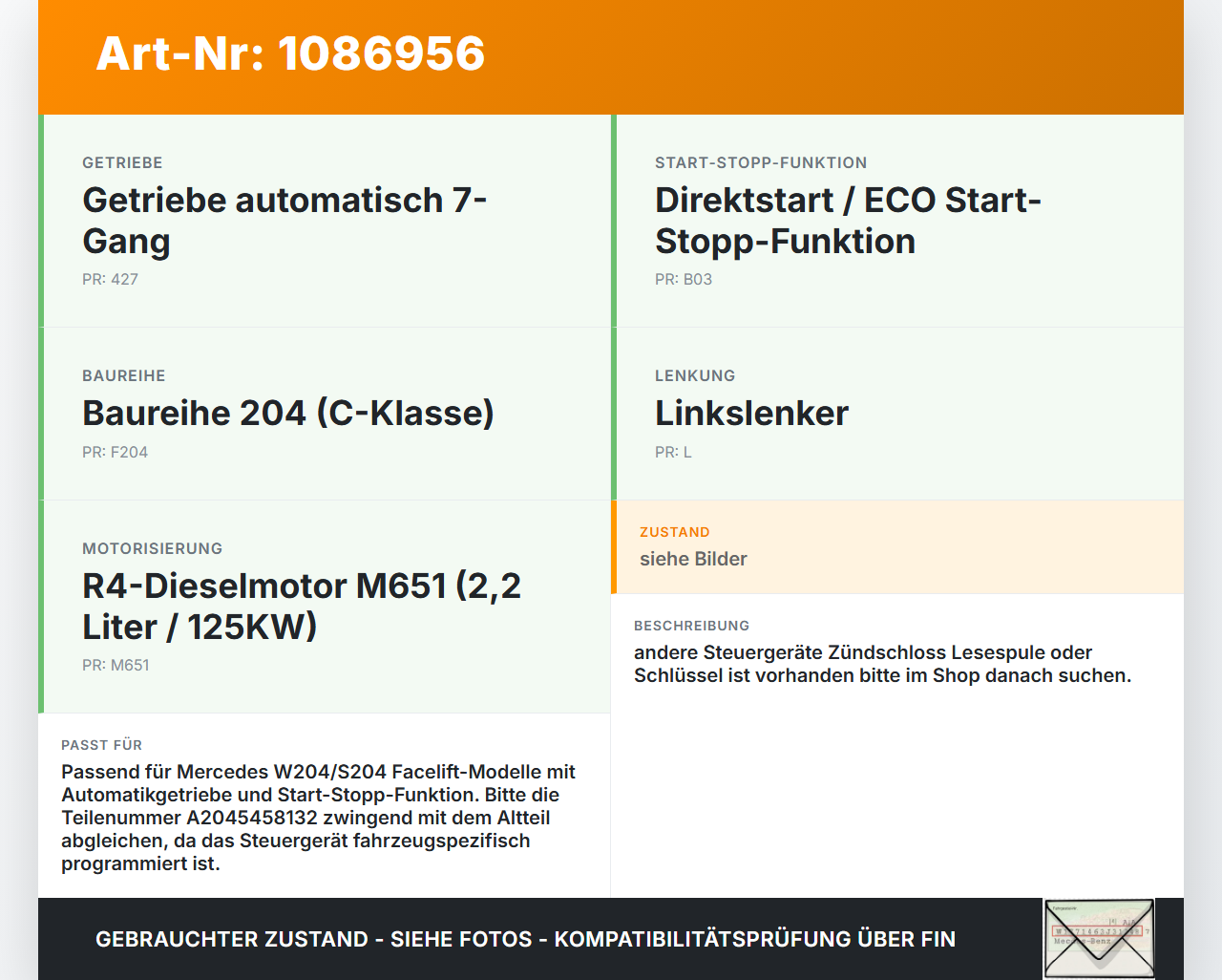Mercedes S204 W204 11-15  CDI 2,1 125KW Wegfahrsperre ECU Steuergerät Mercedes S204 W204 11-15 11.05.2012... Vorschau 3