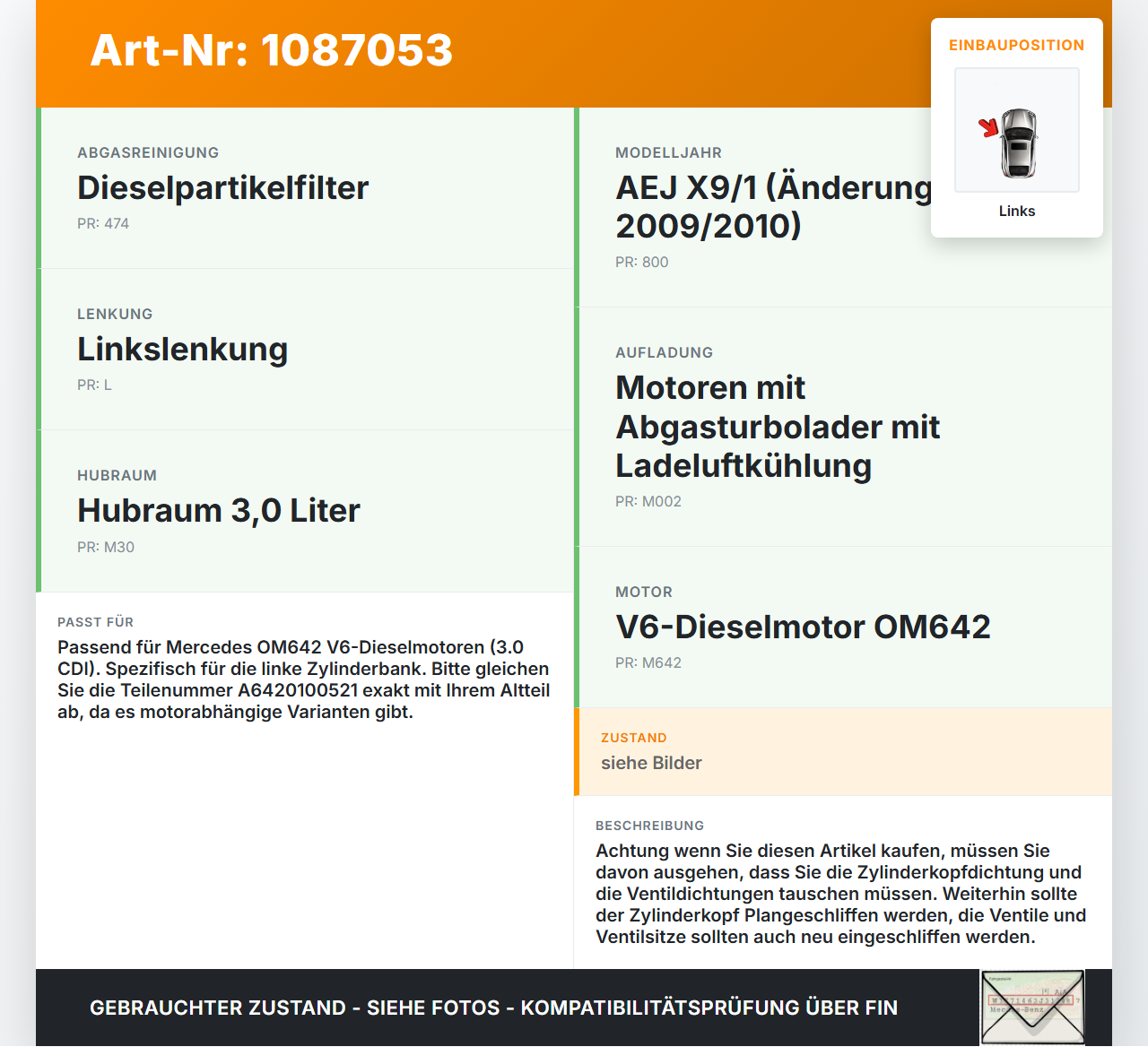 Mercedes C219 CLS 350 08-10 CDI 3,0 165KW 642920 Zylinderkopf Links Mercedes C219 CLS 350 08-10 07.12.2010... Vorschau 3
