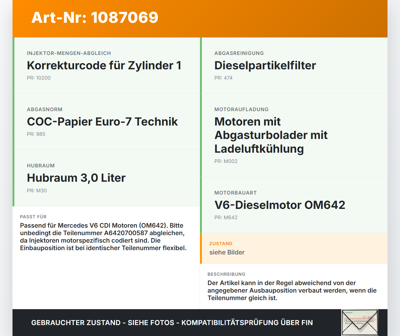 Mercedes C219 CLS 350 08-10 CDI 3,0 165KW Injektor Einspritzdüse Rail Zyl.1 Mercedes C219 CLS 350 08-10 07.12.2010... Vorschau 3