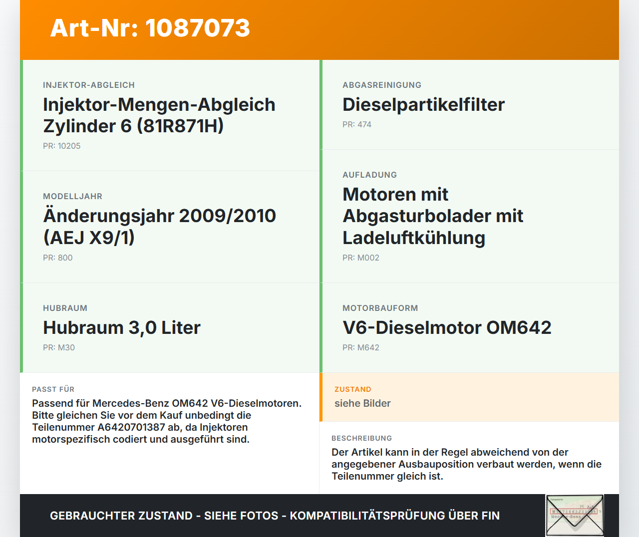 Mercedes C219 CLS 350 08-10 CDI 3,0 165KW Injektor Einspritzdüse Rail Zyl.6 Mercedes C219 CLS 350 08-10 07.12.2010... Vorschau 3