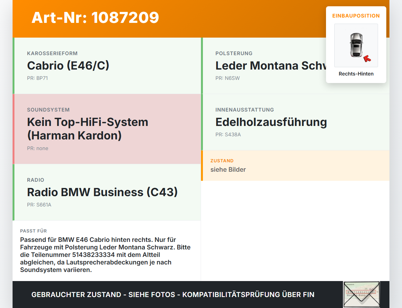 BMW 318Ci E46 00-03 Cabrio Türverkleidung Seitenverkleidung Lautsprecher Rechts Hinten BMW 318Ci E46 00-03... Vorschau 3