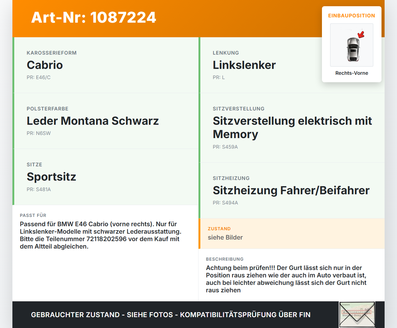 BMW 318Ci E46 00-03 Cabrio Gurt Sicherheitsgurt Rechts Vorne BMW 318Ci E46 00-03 25.02.2002 72118202596 8202596... Vorschau 3