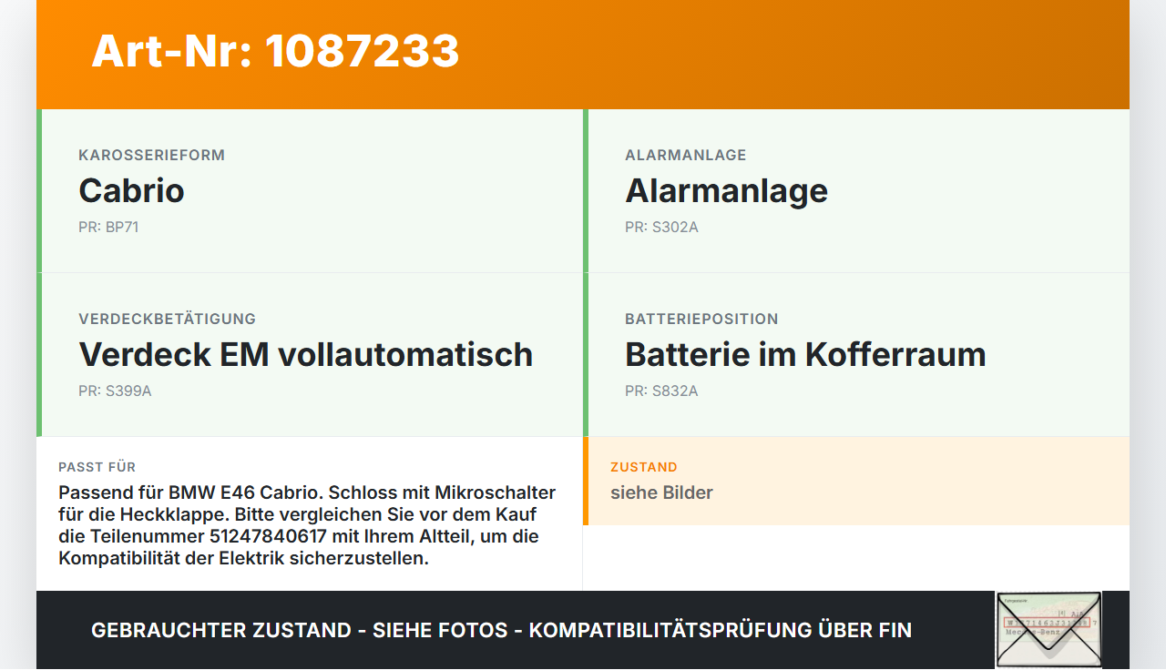BMW 318Ci E46 00-03 Cabrio Schloss f. Heckklappe Heckklappenschloss Verriegelung BMW 318Ci E46 00-03 25.02.2002... Vorschau 3