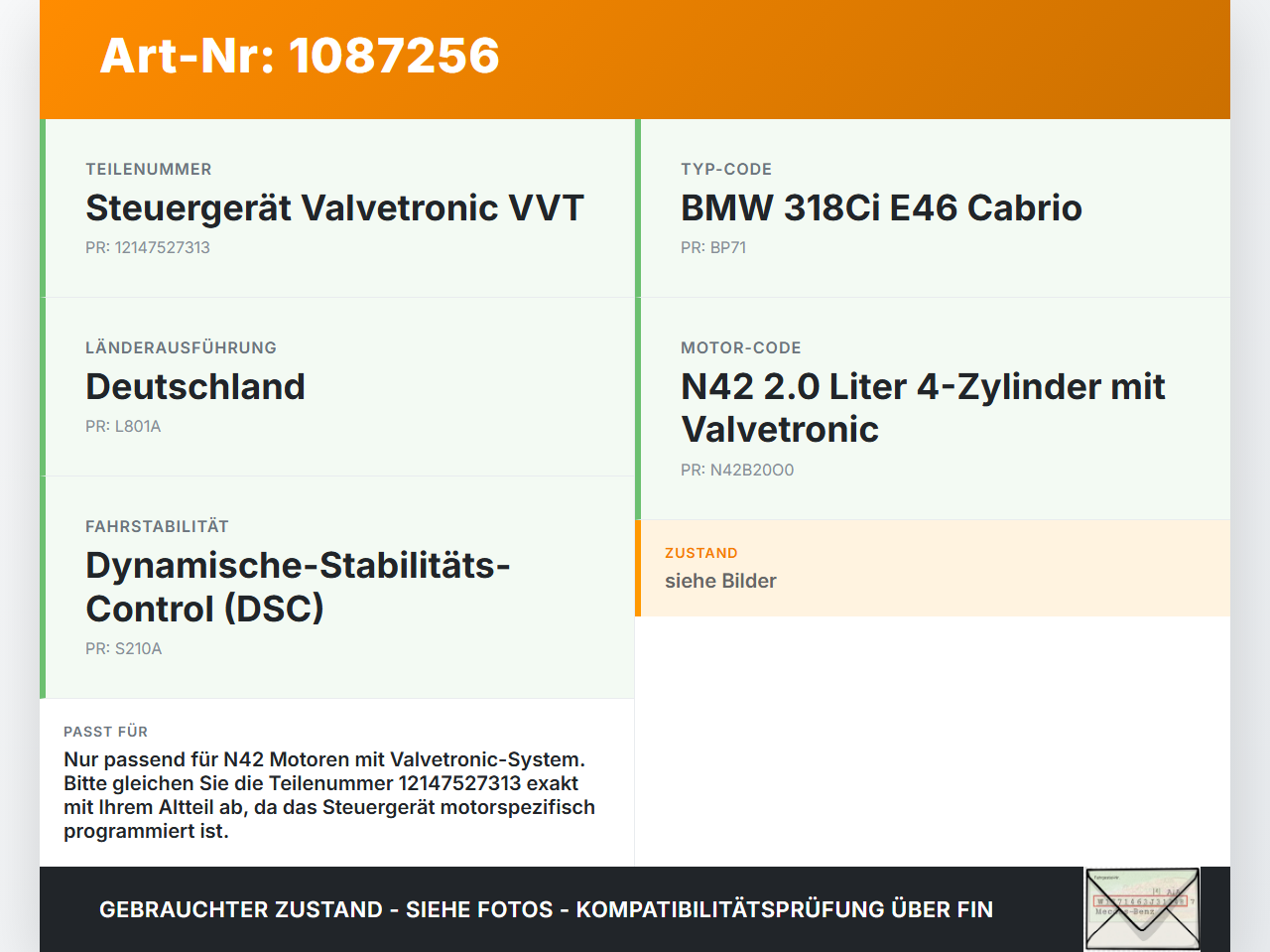 BMW 318Ci E46 00-03 Steuergerät ECU Modul SG Ausschluss Valvetronic BMW 318Ci E46 00-03 25.02.2002 7527313... Vorschau 3