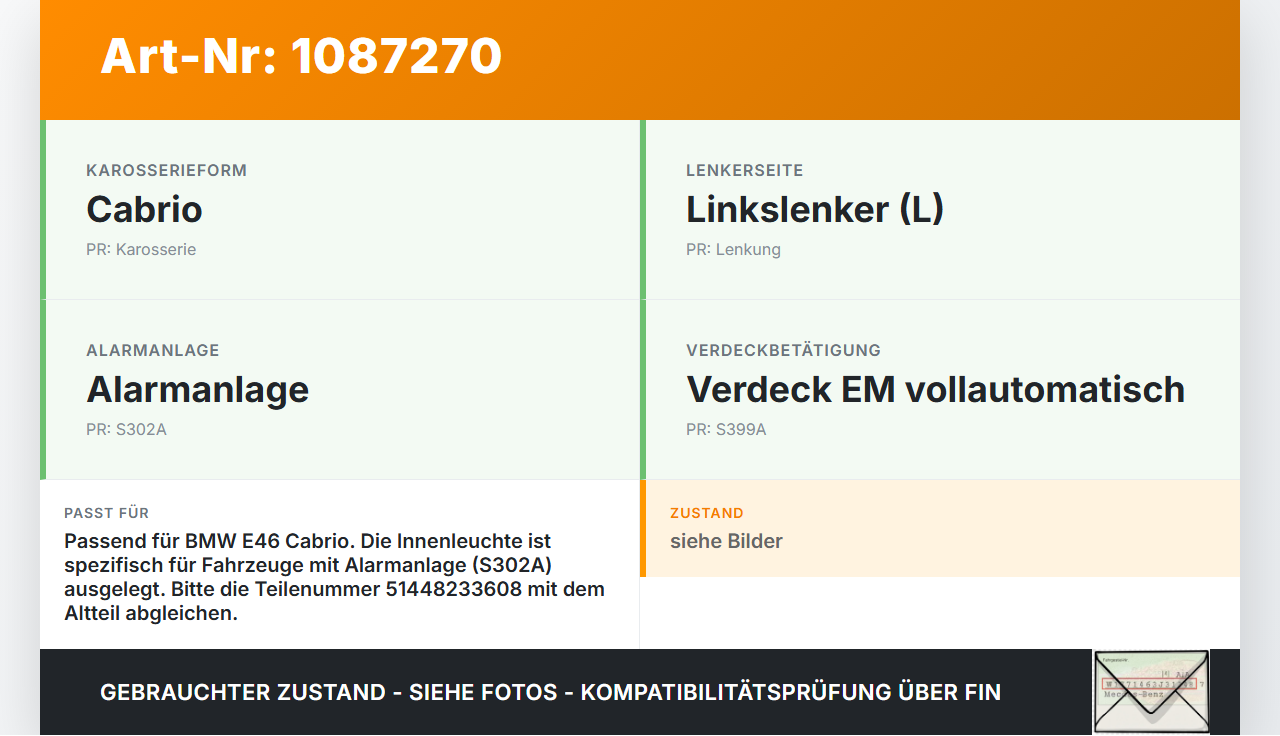 BMW 318Ci E46 00-03 Innenleuchte Innenraumleuchte BMW 318Ci E46 00-03 25.02.2002 51448233608 8233608 51.44-8233608... Vorschau 3