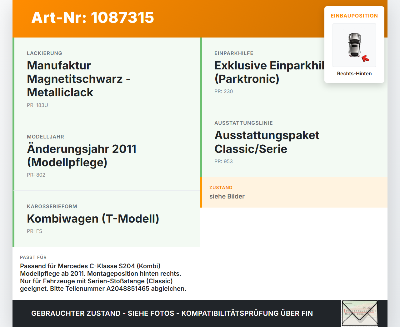 Mercedes S204 W204 11-15  Kombi Halter Träger Aufnahme Führung Stoßstange Rechts Hinten Mercedes S204 W204 11-15... Vorschau 3