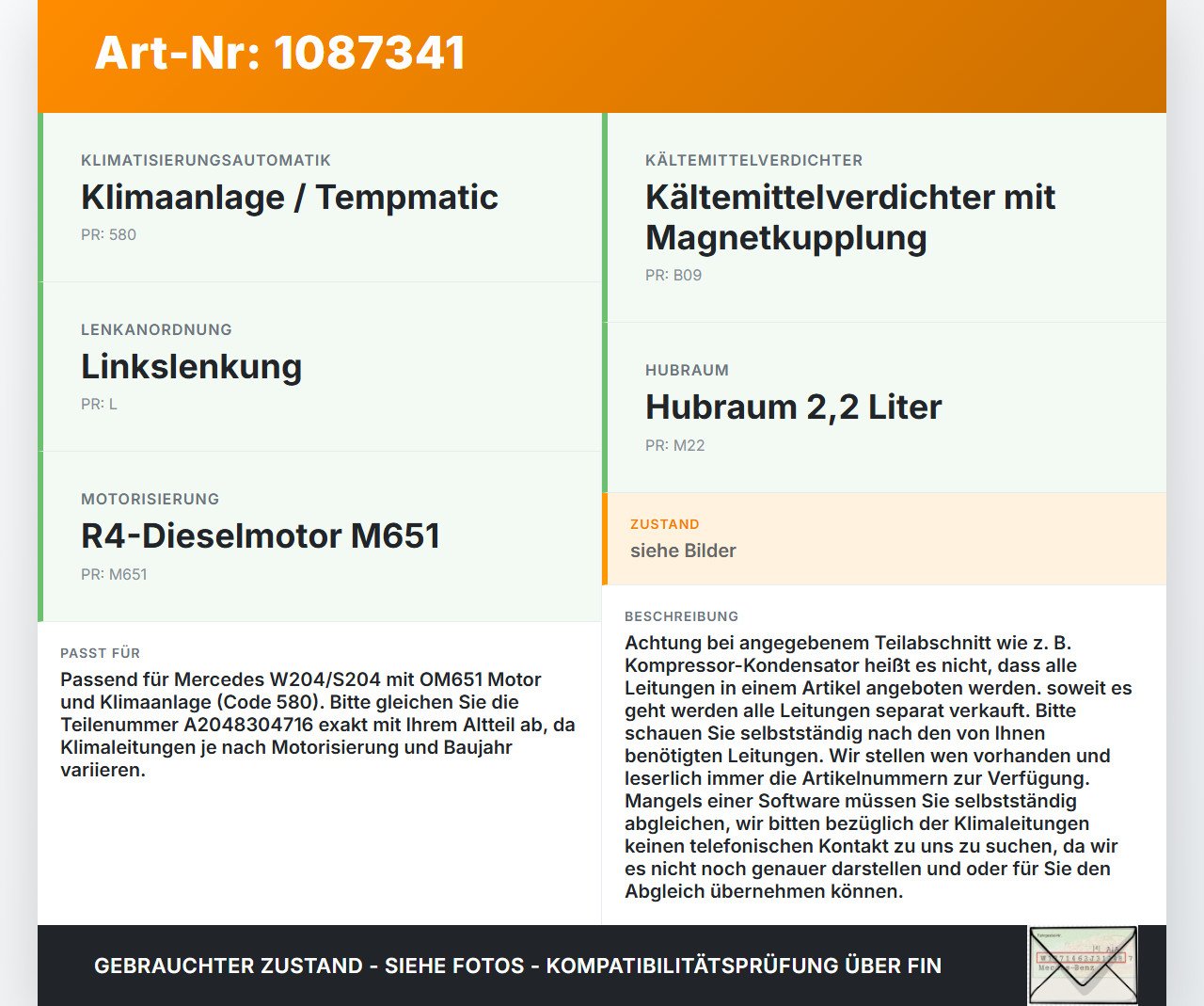 Mercedes S204 W204 11-15  CDI 2,1 125KW Klimaschlauch Klimaleitung Mercedes S204 W204 11-15 11.05.2012 A2048304716... Vorschau 3
