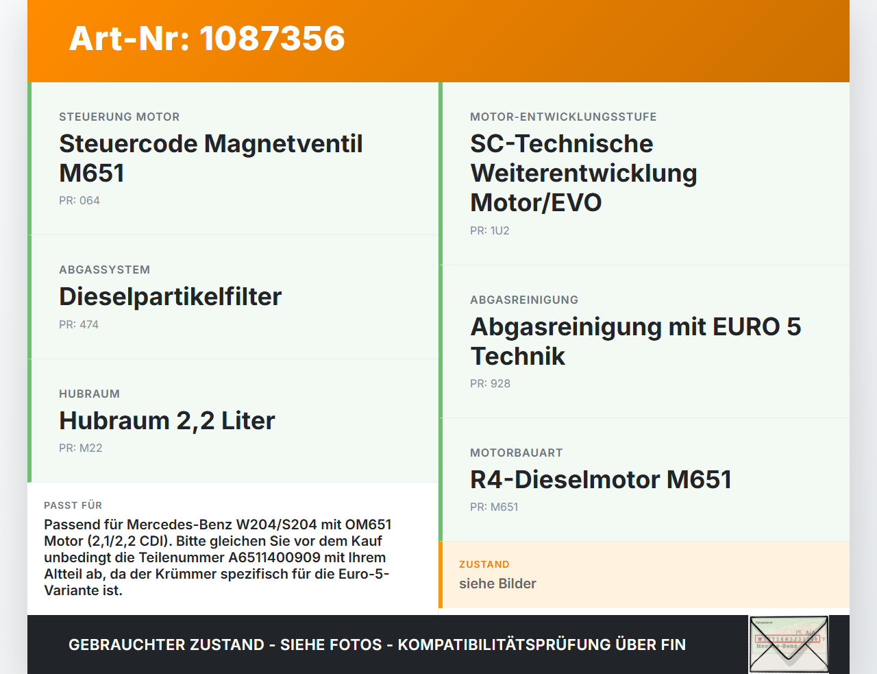 Mercedes S204 W204 11-15  CDI 2,1 125KW 651911 Abgaskrümmer Mercedes S204 W204 11-15 11.05.2012 A6511400909 gebraucht Vorschau 3