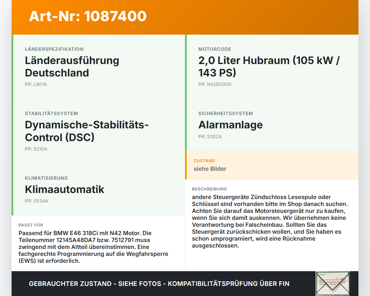 BMW 318Ci E46 00-03 2,0i 105KW Steuergerät ECU für Motor Motorsteuergerät BMW 318Ci E46 00-03 25.02.2002 2145487... Vorschau 3