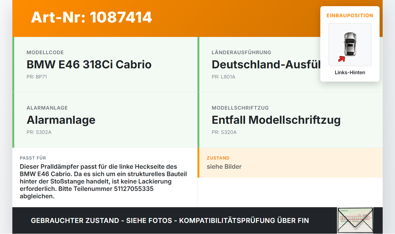 BMW 318Ci E46 00-03 Cabrio Stoßstange Träger Pralldämpfer hinten links BMW 318Ci E46 00-03 25.02.2002 51127055335... Vorschau 3