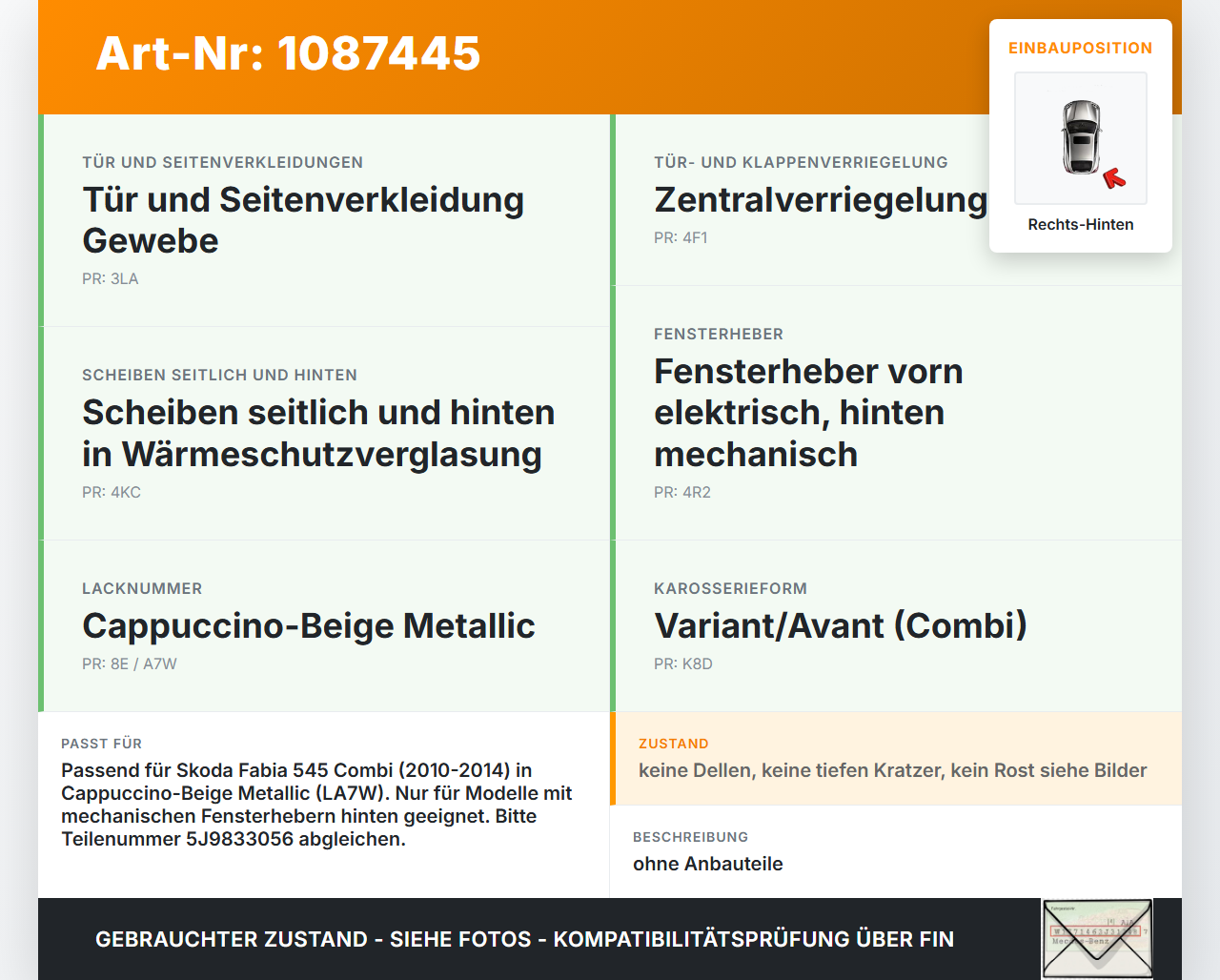 Skoda Fabia 545 10-14 Kombi Tür Rechts Hinten LA7W Skoda Fabia 545 10-14 31.05.2010 5J9833056 gebraucht Vorschau 3