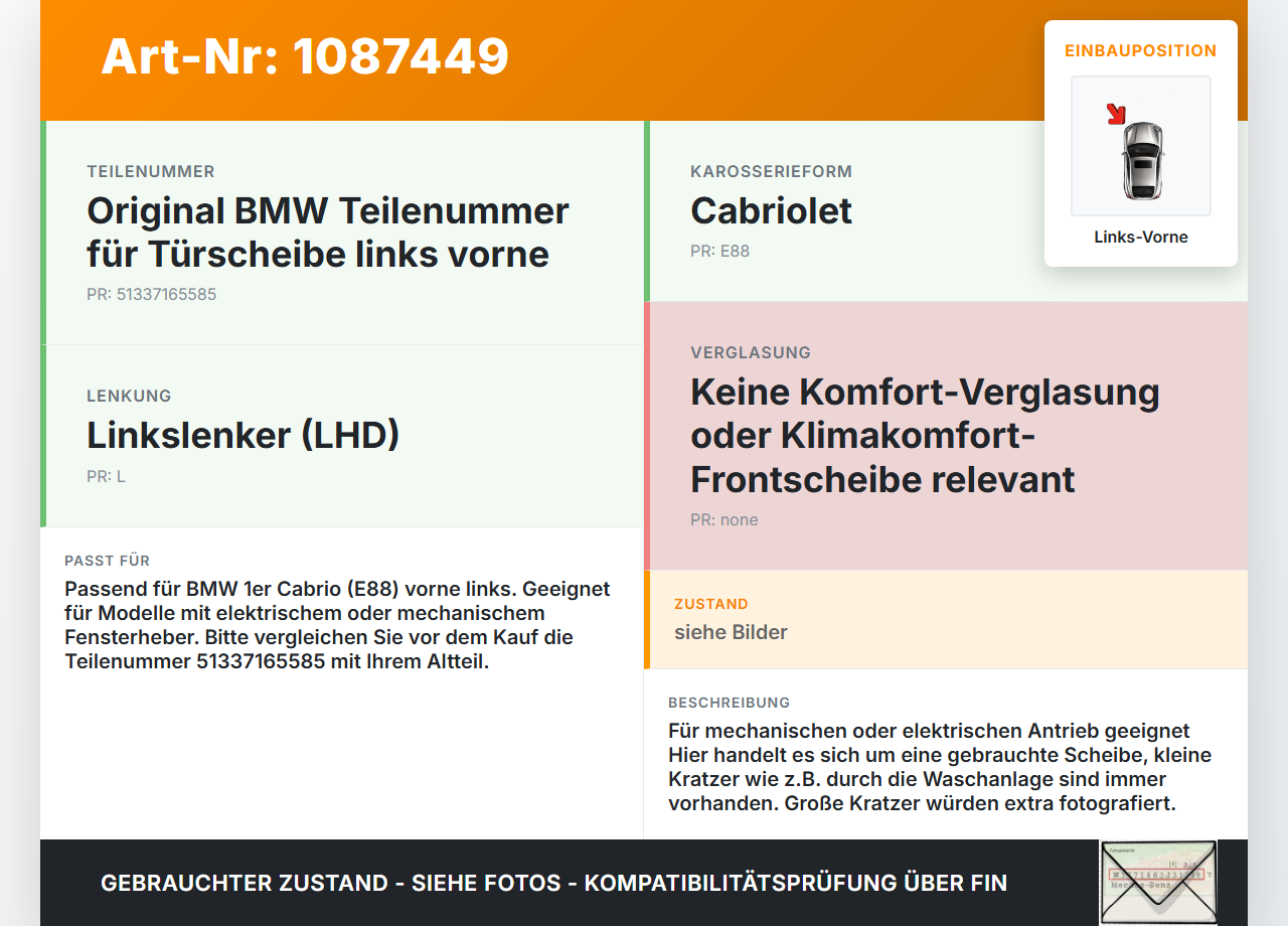 BMW E88 120d LCI 08-11 Cabrio Seitenscheibe LVK Fenster Türscheibe Links Vorne BMW E88 120d LCI 08-11 11.03.2010... Vorschau 3