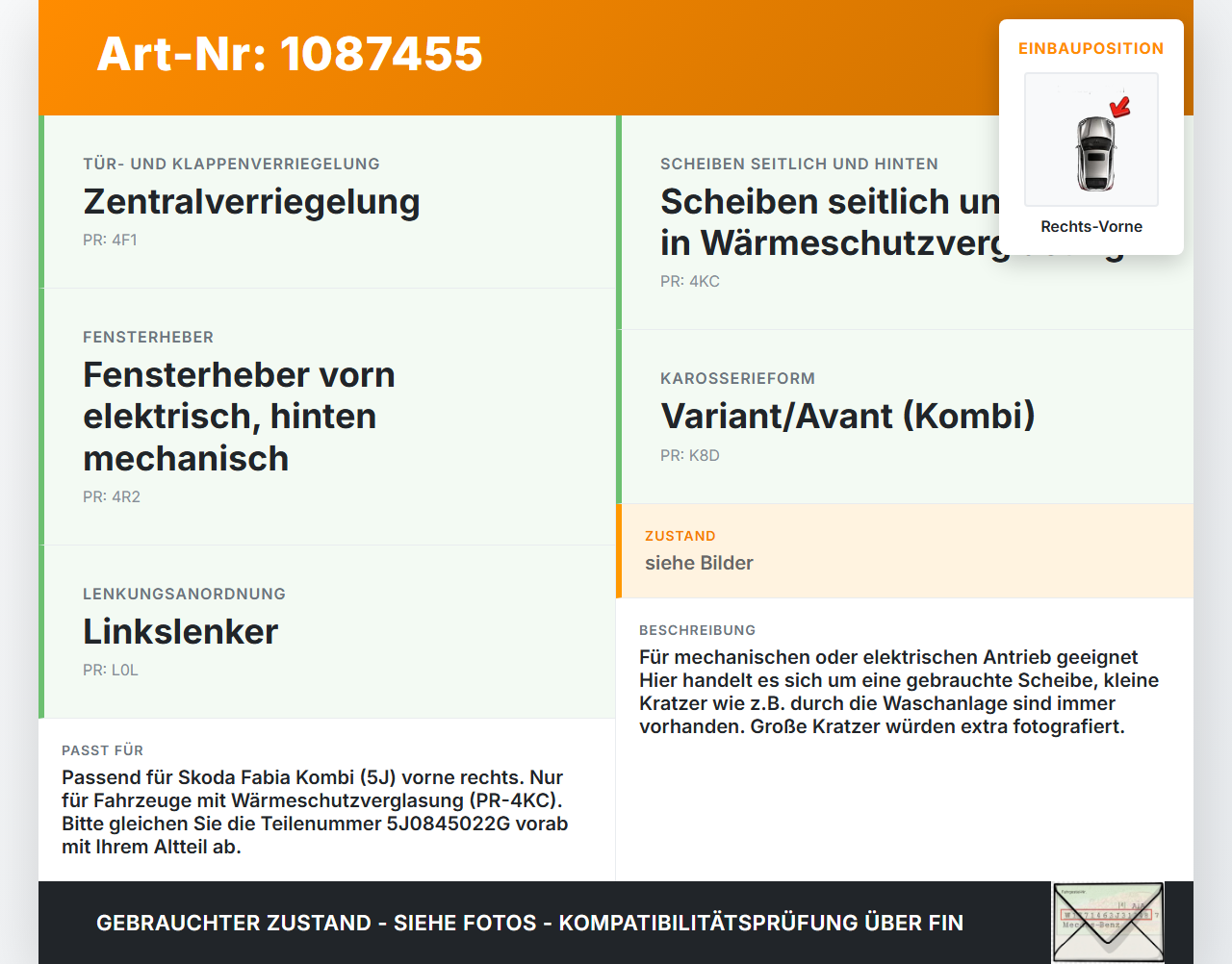 Skoda Fabia 545 10-14 Kombi RVK Seitenscheibe Tür Türscheibe Rechts Vorne Skoda Fabia 545 10-14 31.05.2010... Vorschau 3