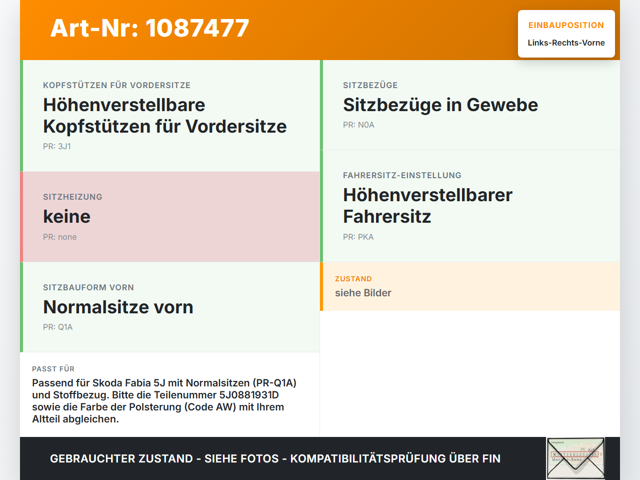 Skoda Fabia 545 10-14 Kopfstütze für Fahrer Sitz Rechts oder Links Vorne Skoda Fabia 545 10-14 31.05.2010... Vorschau 3