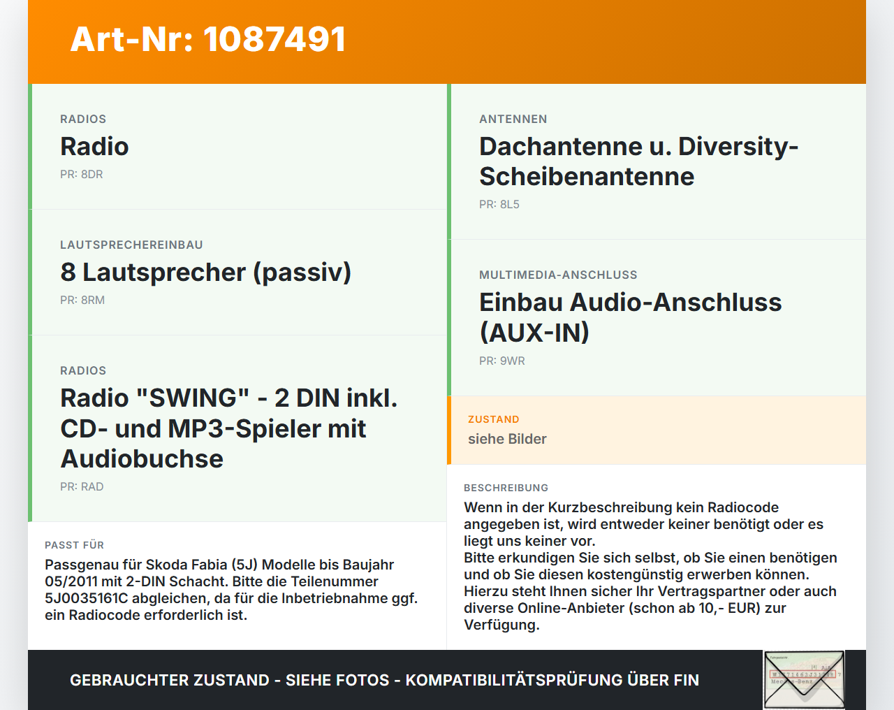Skoda Fabia 545 10-14 Autoradio CD-Radio Skoda Fabia 545 10-14 31.05.2010 5J0035161C 28091572 DE2-633 gebraucht Vorschau 3