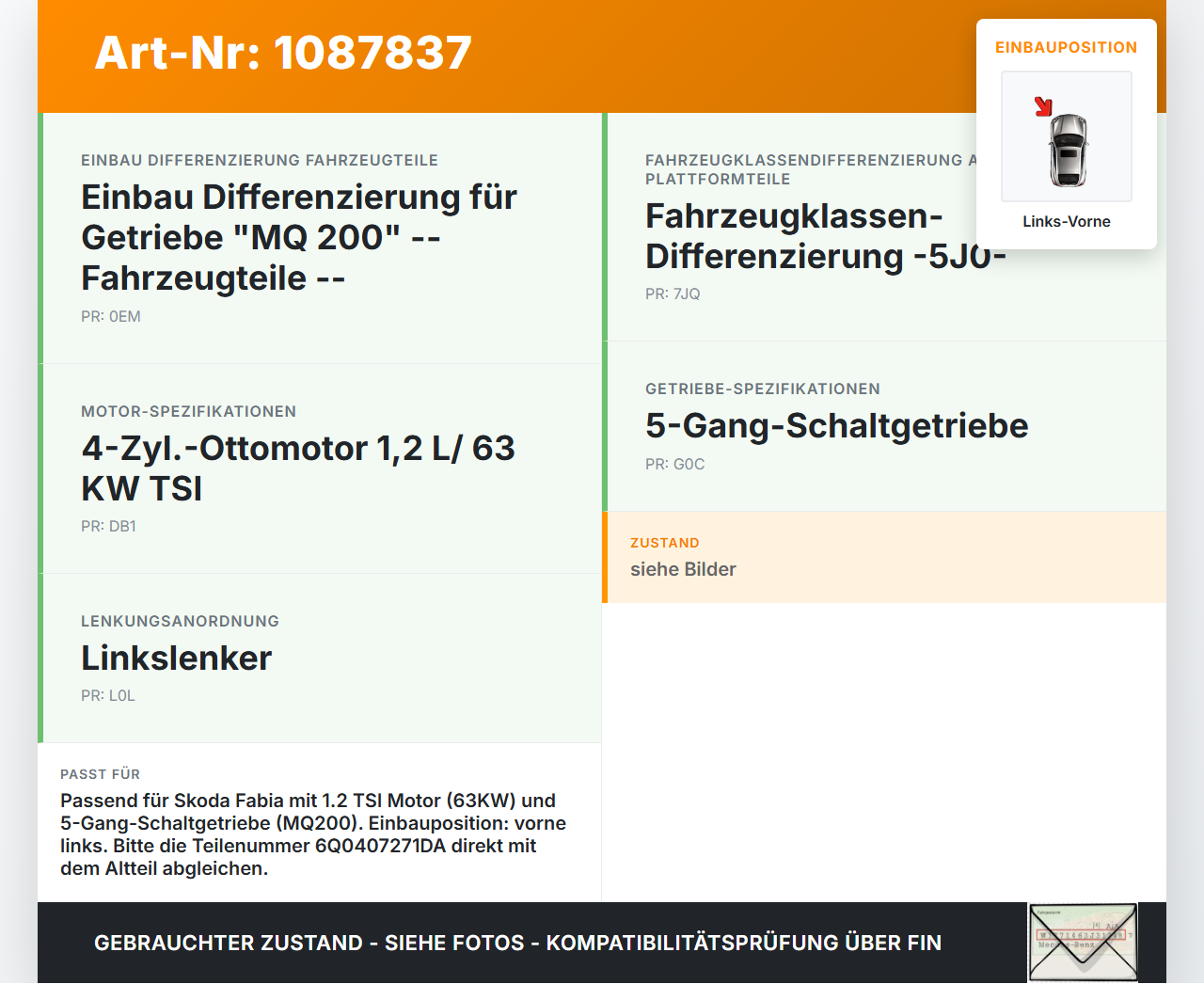 Skoda Fabia 545 10-14 TSI 1,2 63KW Antriebswelle Gelenkwelle Links Vorne Skoda Fabia 545 10-14 31.05.2010... Vorschau 3