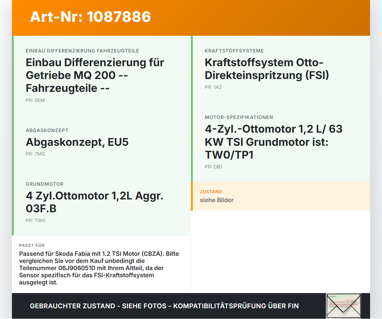 Skoda Fabia 545 10-14 TSI 1,2 63KW Railsensor Drucksensor Skoda Fabia 545 10-14 31.05.2010 06J906051D gebraucht Vorschau 3