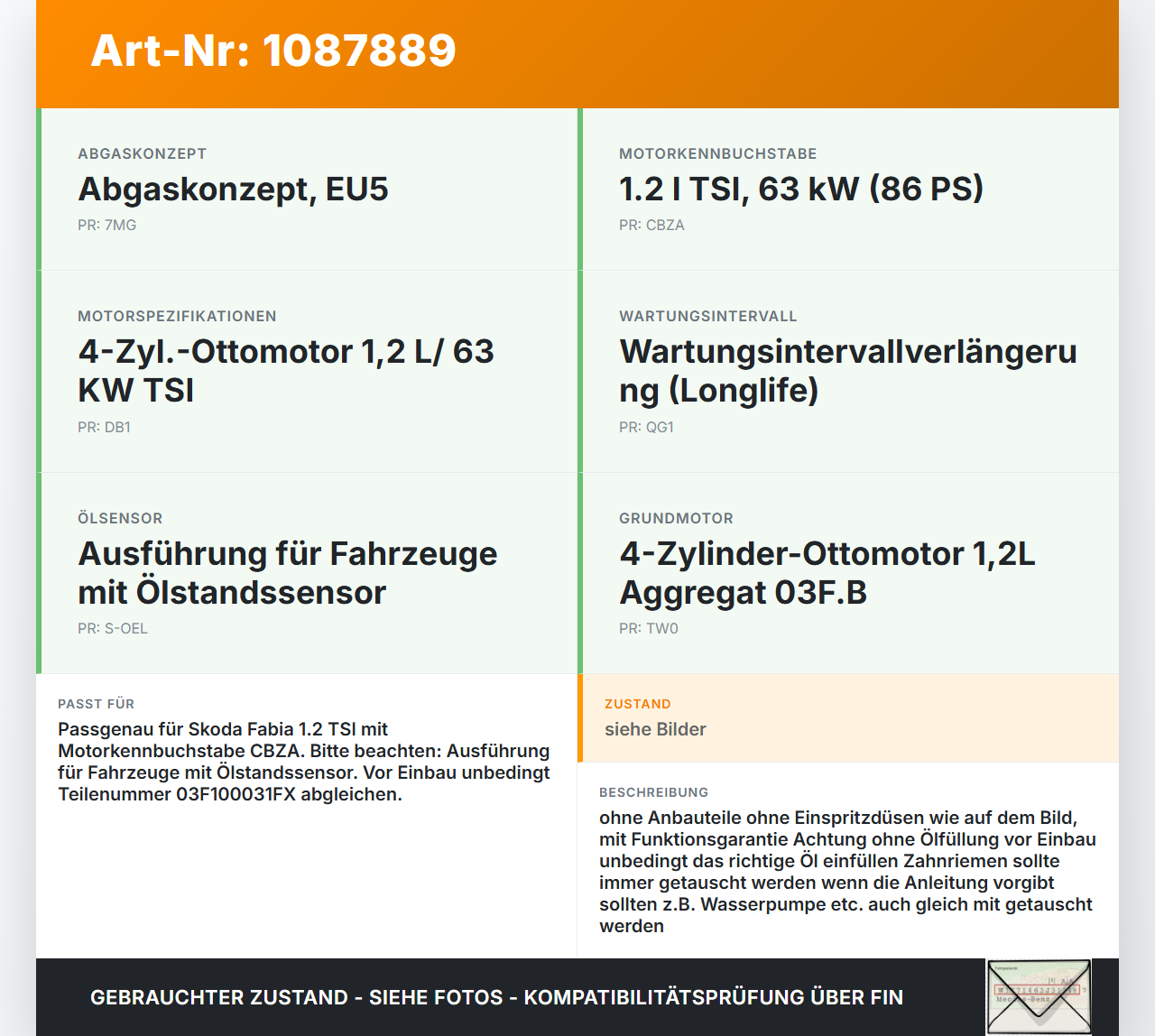 Skoda Fabia 545 10-14 TSI 1,2 63KW CBZA Motor Triebwerk Skoda Fabia 545 10-14 31.05.2010 03F100031FX gebraucht Vorschau 3