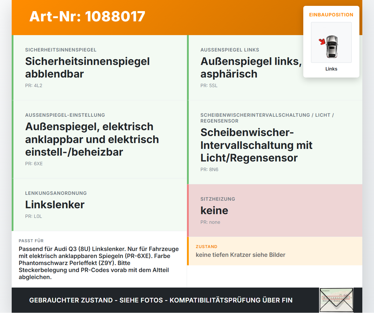 Audi Q3 8U 11-14 Aussenspiegel Spiegel Seitenspiegel Links Audi Q3 8U 11-14 25.04.2013 8U1857409G gebraucht Vorschau 3