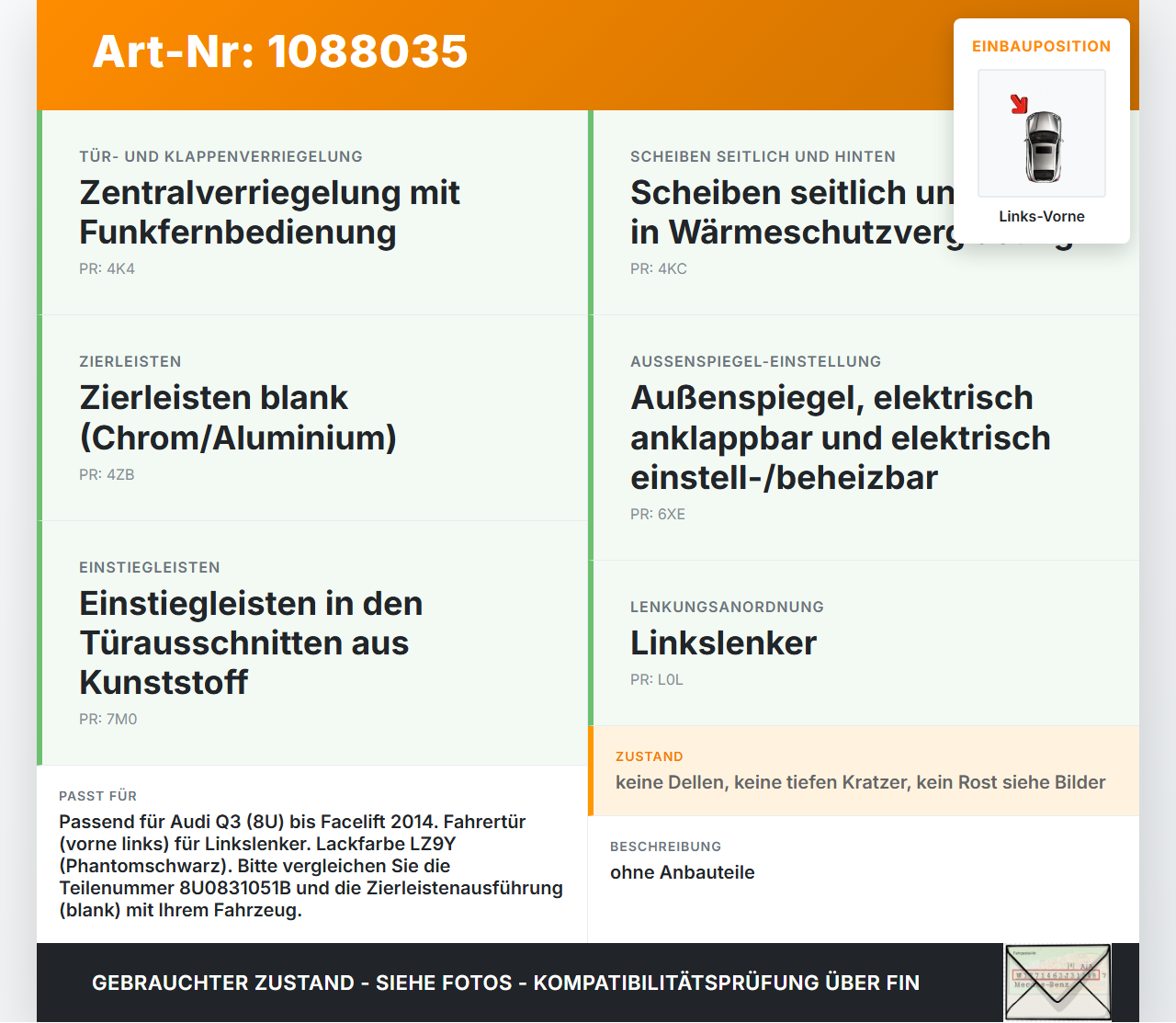 Audi Q3 8U 11-14 Tür Fahrertür Links Vorne LZ9Y Audi Q3 8U 11-14 25.04.2013 8U0831051B gebraucht Vorschau 3