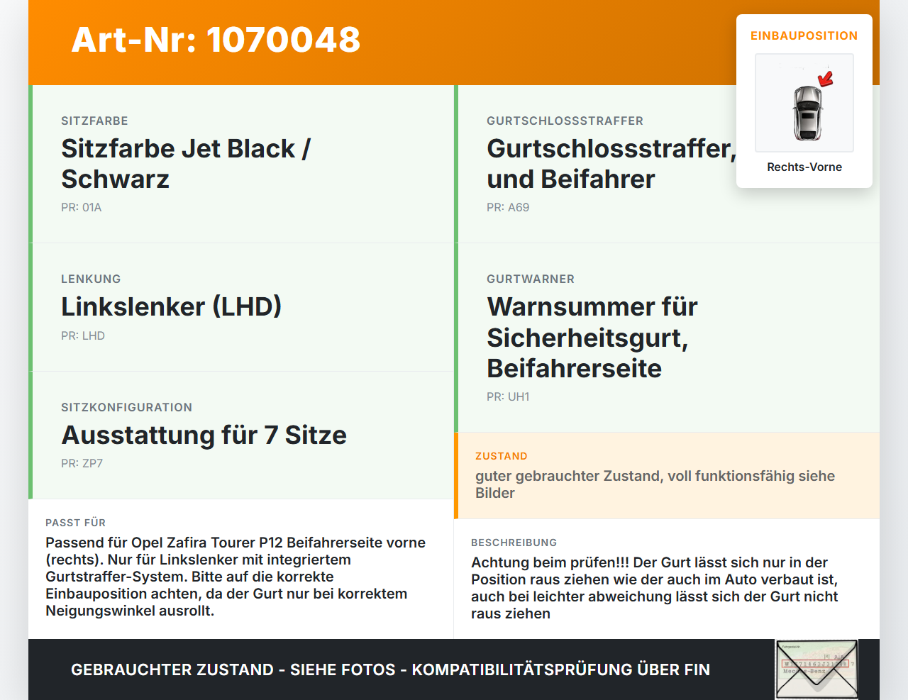Opel Zafira Tourer P12 16-19 Mehrzweckfahrzeug Gurt Sicherheitsgurt Gurtstraffer für Beifahrer Rechts Vorne Opel... Vorschau 3