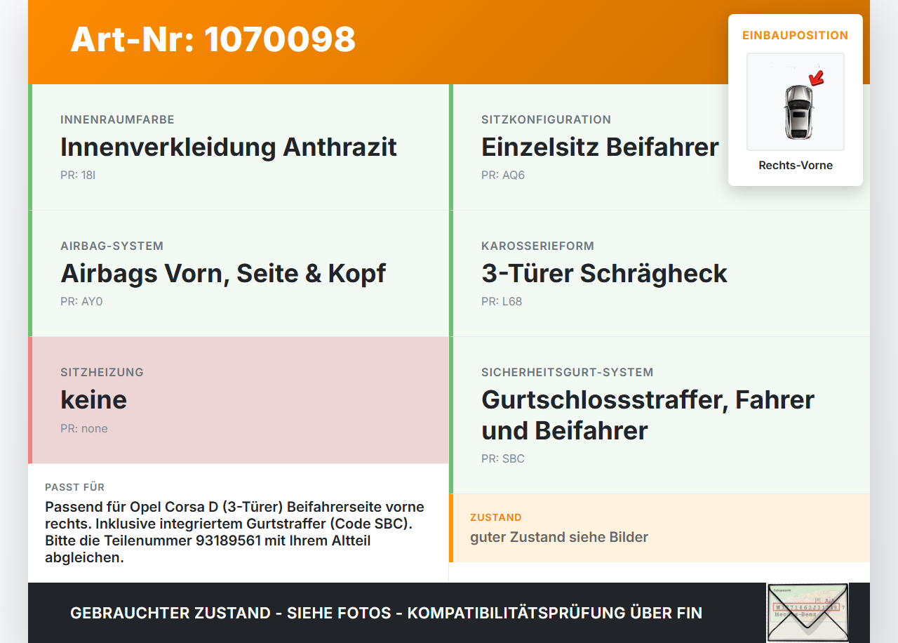 Opel Corsa D 06-10 3 Türer Gurtstraffer Gurtschloss Beifahrer Rechts Vorne Innen Opel Corsa D 06-10 07.11.2008... Vorschau 3