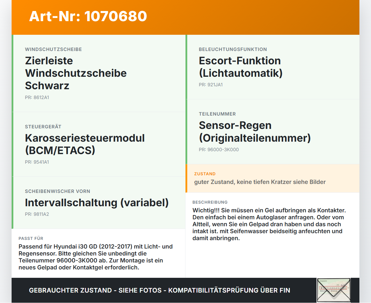 Hyundai I30 GD 12-17 Regensensor Lichtsensor Hyundai I30 GD 12-17 25.06.2015 960003K000 96000-3K000 gebraucht Vorschau 3