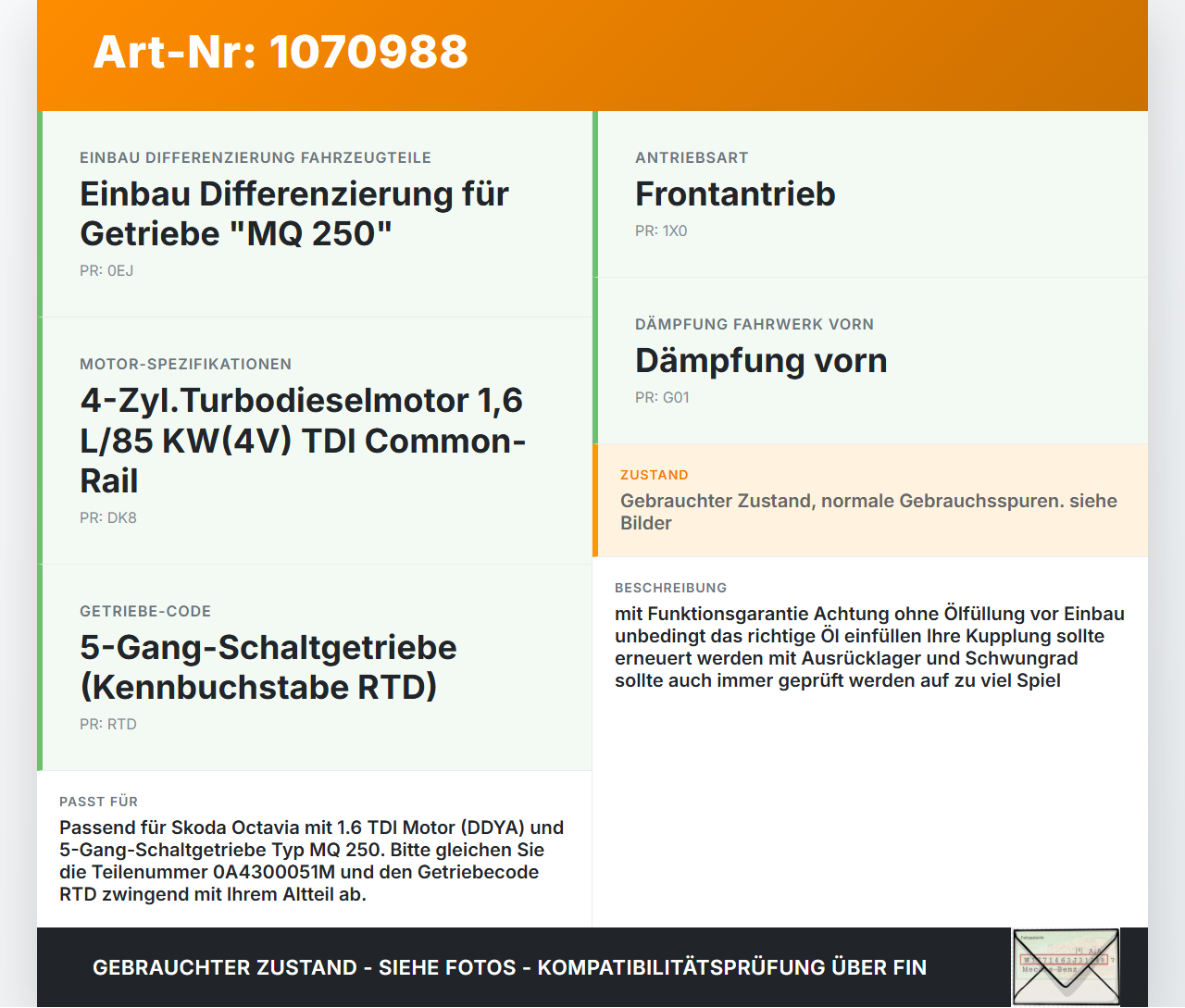 Skoda Octavia 17-20 1,6 85KW RTD Schaltgetriebe Getriebe RTD Skoda Octavia 17-20 09.11.2017 0A4300051M gebraucht Vorschau 3