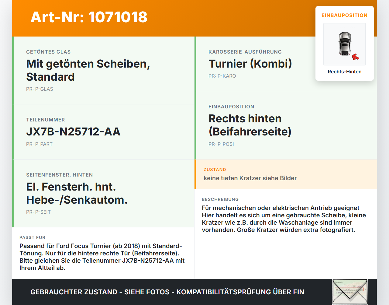 Ford Focus HP 18-22 Kombi Seitenscheibe RHK Türscheibe Rechts Hinten Ford Focus HP 18-22 15.12.2020 JX7B-N25712-AA... Vorschau 3