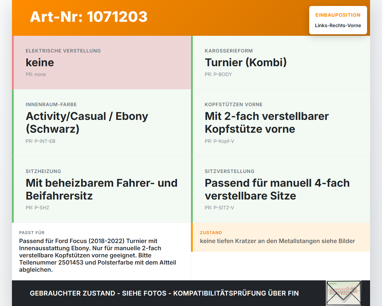 Ford Focus HP 18-22 Kopfstütze für Fahrer Sitz Rechts oder Links Vorne Ford Focus HP 18-22 15.12.2020... Vorschau 3