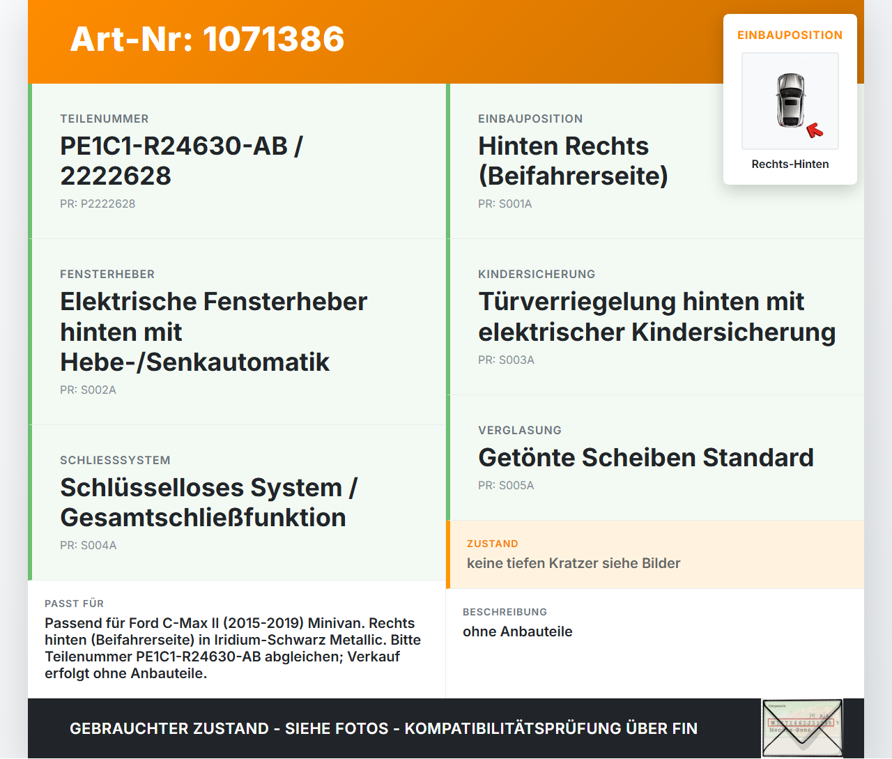 Ford C-Max II 15-19 5T Tür Rechts Hinten Ford C-Max II 15-19 09.01.2018 PE1C1-R24630-AB gebraucht Vorschau 3
