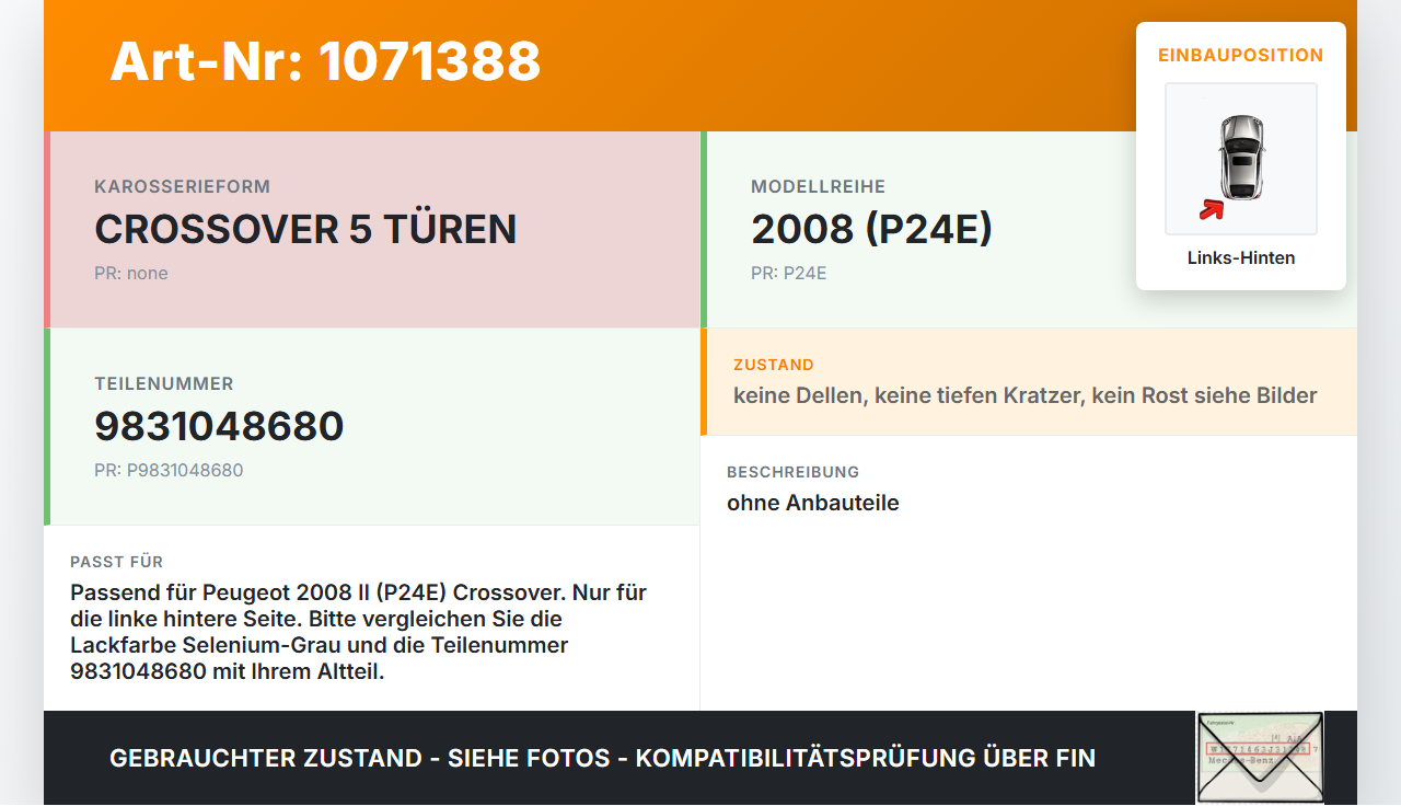 Peugeot 2008 II CMP 23-26 5T Tür Links Hinten ELD Peugeot 2008 II CMP 23-26 20.20.2020 9831048680 gebraucht Vorschau 3