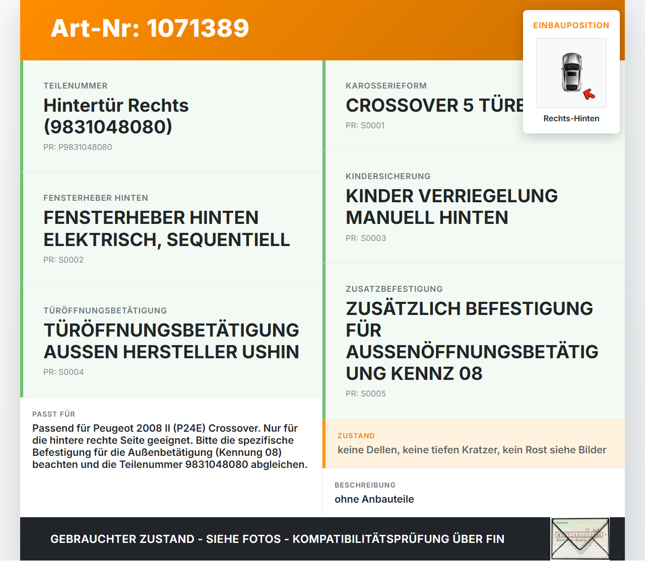 Peugeot 2008 II CMP 23-26 5T Tür Rechts Hinten ELD Peugeot 2008 II CMP 23-26 20.20.2020 9831048080 gebraucht Vorschau 3