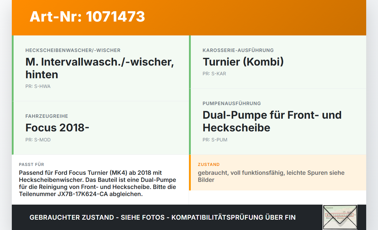 Ford Focus HP 18-22 Waschwasserpumpe Waschpumpe Ford Focus HP 18-22 15.12.2020 JX7B-17K624-CA JX61-17K624-AA... Vorschau 3