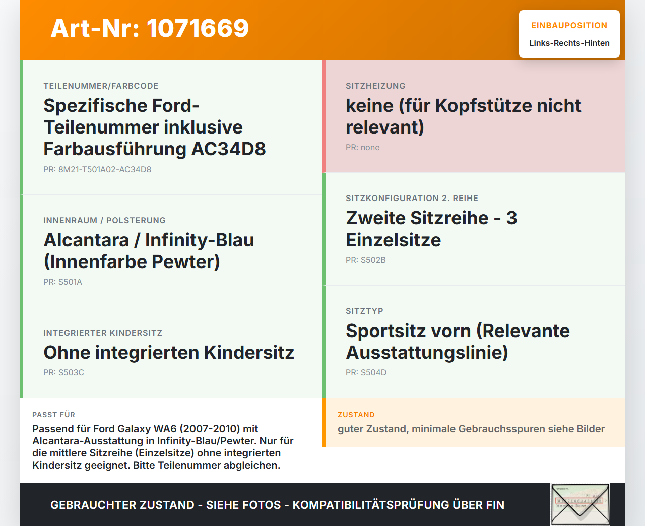 Ford Galaxy WA6 06-10 Kopfstütze Rechts oder Links Hinten mittlere Reihe Ford Galaxy WA6 06-10 26.09.2008... Vorschau 3