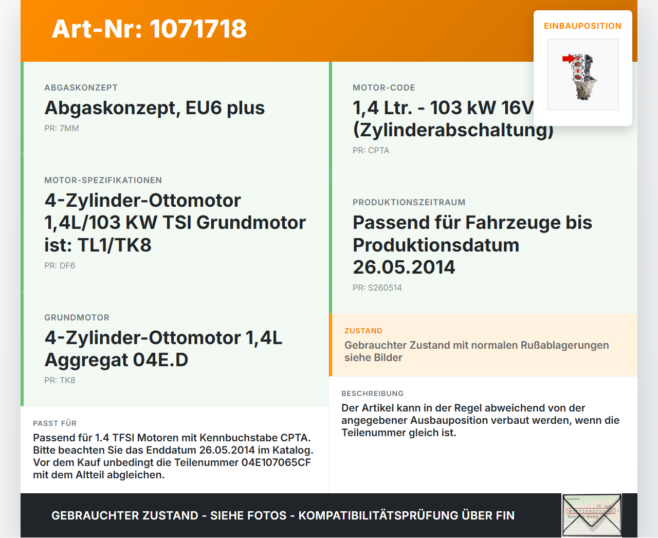 Audi A3 8V 12-16 TFSI 1,4 103KW CPTA Kolben mit Pleuel Pos D Audi A3 8V 12-16 17.06.2014 04E107065CF gebraucht Vorschau 3