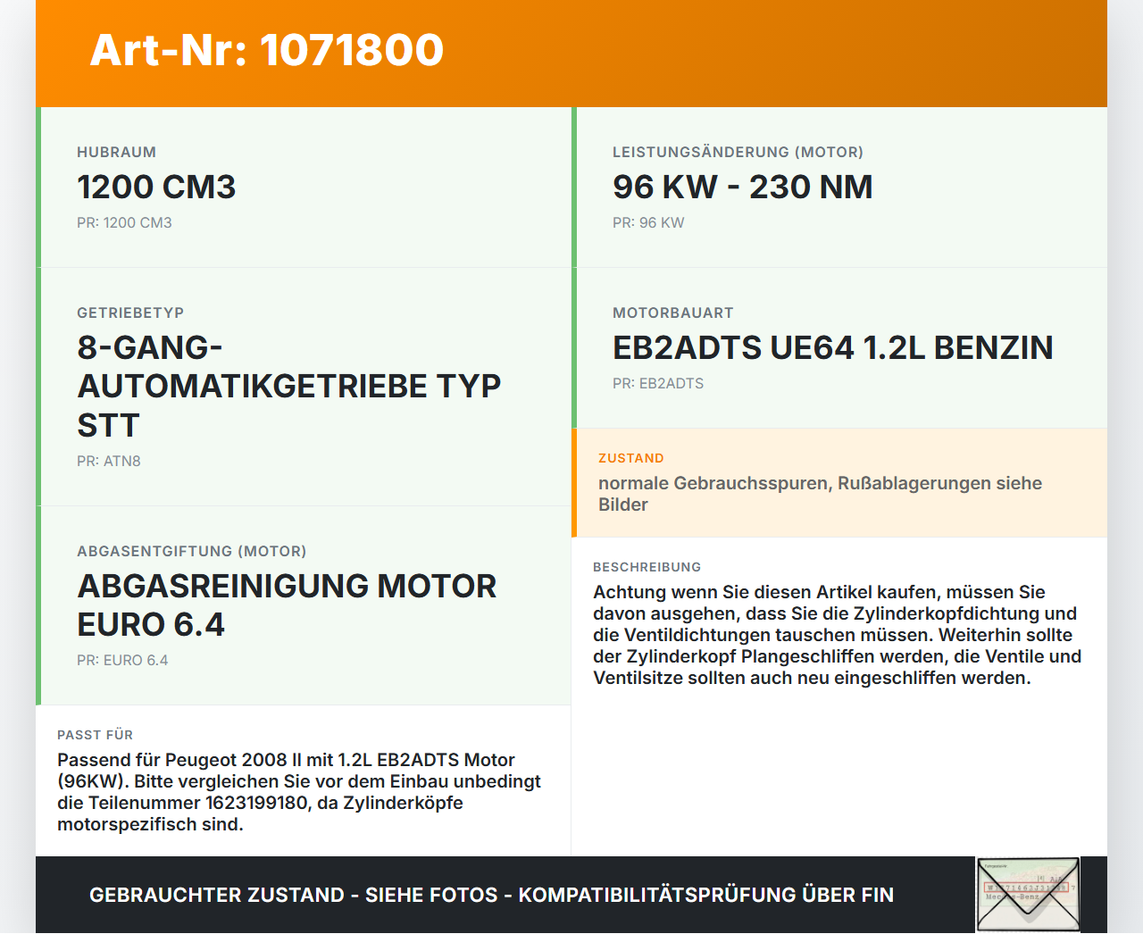 Peugeot 2008 II CMP 23-26 1.2 96KW EB2ADTS Zylinderkopf Peugeot 2008 II CMP 23-26 20.20.2020 K066036 1623199180... Vorschau 3