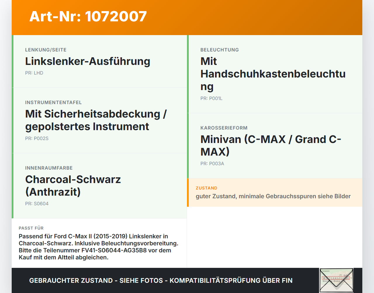 Ford C-Max II 15-19 Handschuhfach Handschuhkasten Ford C-Max II 15-19 09.01.2018 FV41-S06044-AG35B8 2412539 gebraucht Vorschau 3