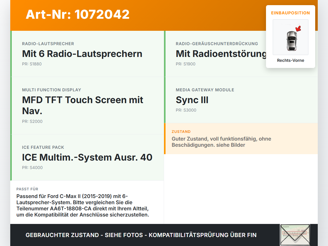 Ford C-Max II 15-19 Lautsprecher Rechts Vorne Ford C-Max II 15-19 09.01.2018 AA6T-18808-CA M5XUM2637 gebraucht Vorschau 3