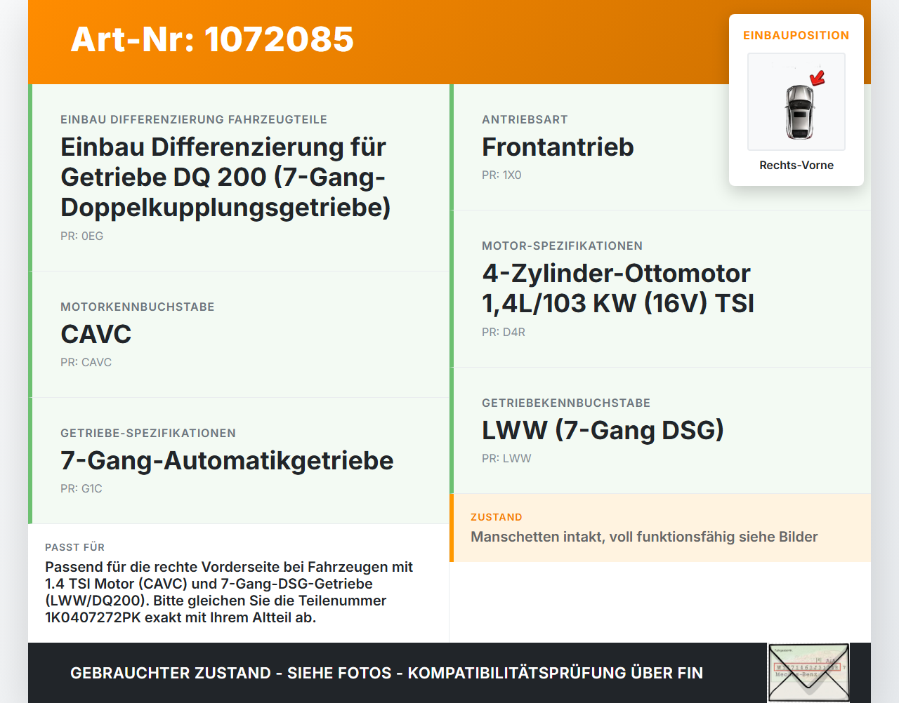 VW Touran 1T3 06-10 1,4 103KW Autom Antriebswelle Gelenkwelle Rechts Vorne VW Touran 1T3 06-10 25.09.2009... Vorschau 3