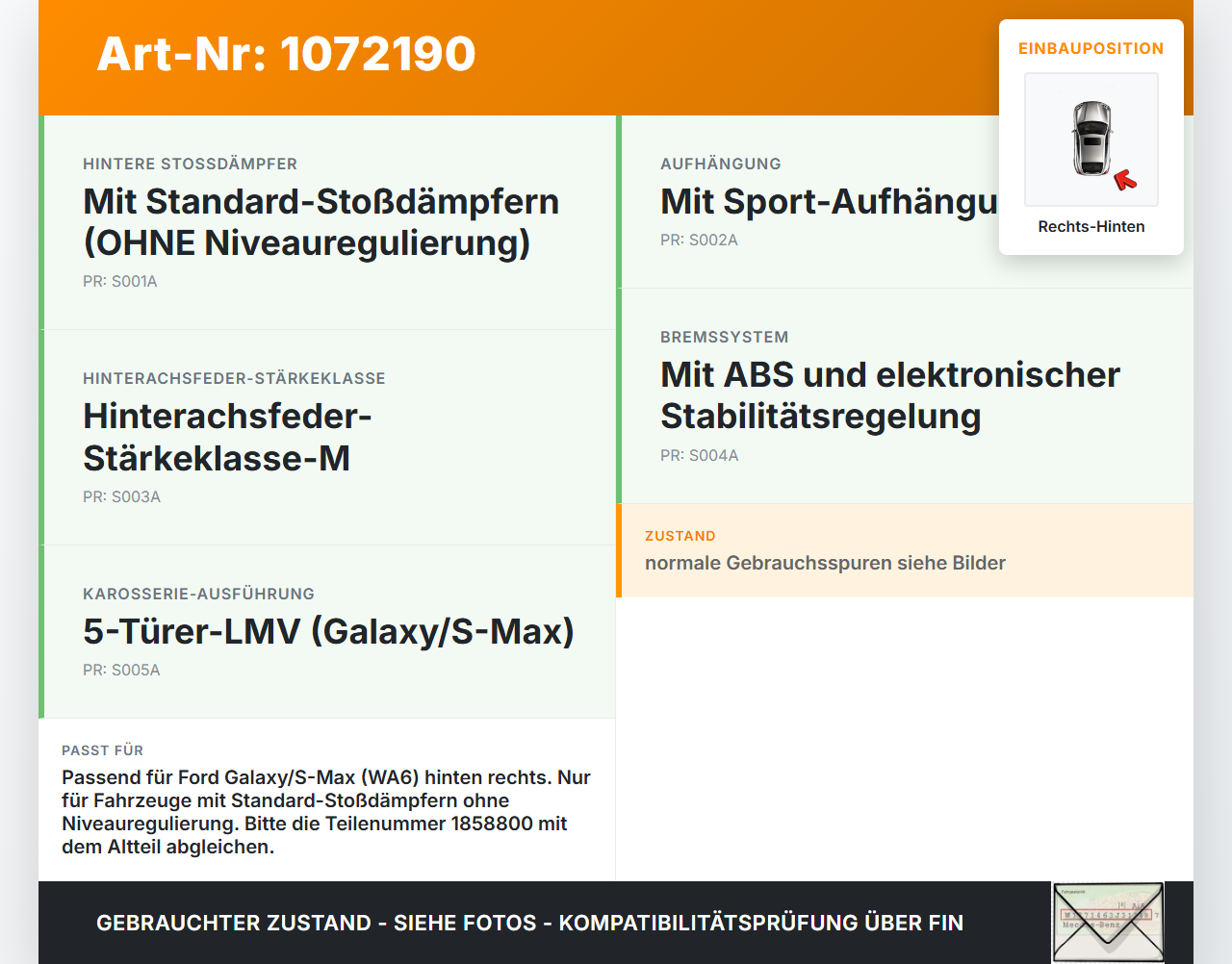 Ford Galaxy WA6 06-10  2,0 103KW Achsschenkel Radnabe mit ABS Rechts Hinten Ford Galaxy WA6 06-10 26.09.2008... Vorschau 3