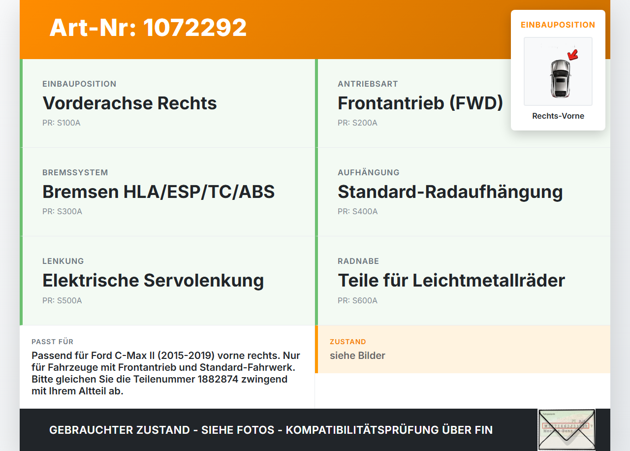 Ford C-Max II 15-19 1,0 92KW Achsschenkel Radnabe Rechts Vorne Ford C-Max II 15-19 09.01.2018 AV61-3K170-DAC... Vorschau 3