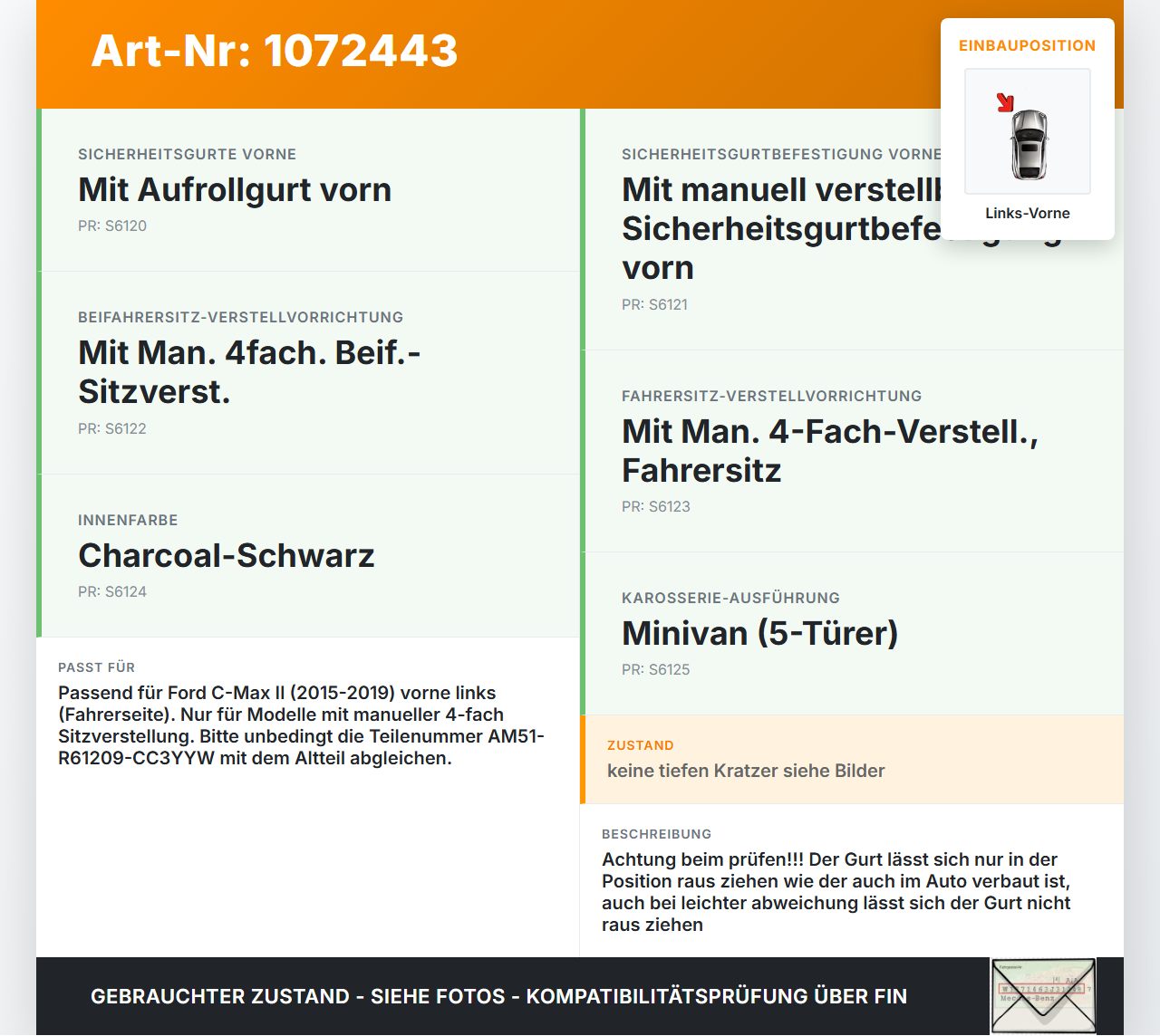 Ford C-Max II 15-19 5T Gurt Sicherheitsgurt m. Gurtstraffer für Fahrer Links Vorne Ford C-Max II 15-19 09.01.2018... Vorschau 3