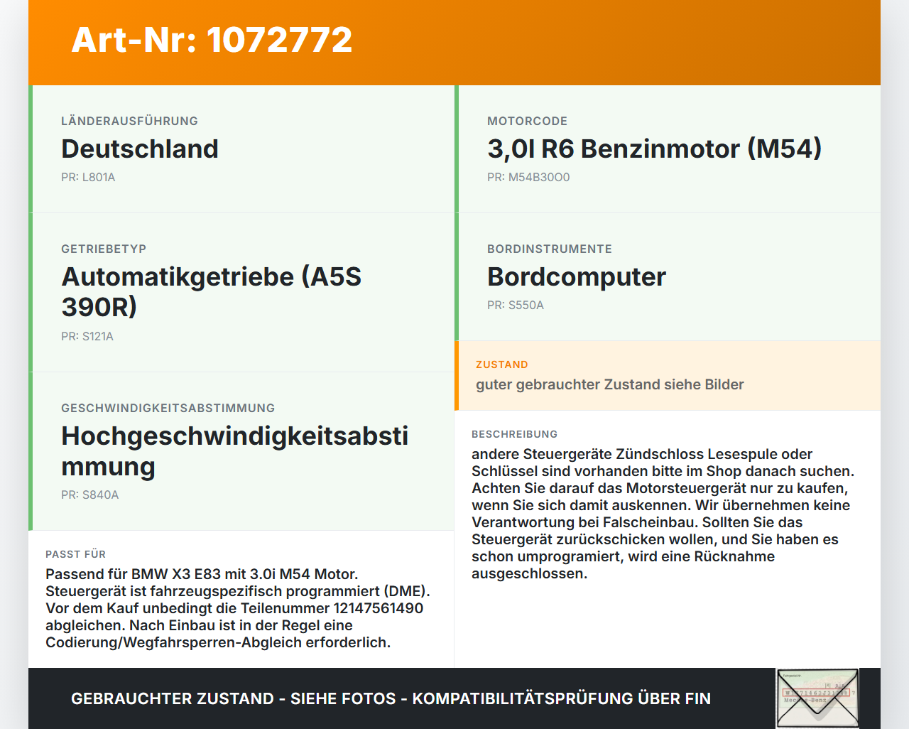 BMW X3 E83 03-06 3,0 170KW Motorsteuergerät Steuergerät ECU DME Motorsteuerung BMW X3 E83 03-06 12.11.2004 7561490... Vorschau 3