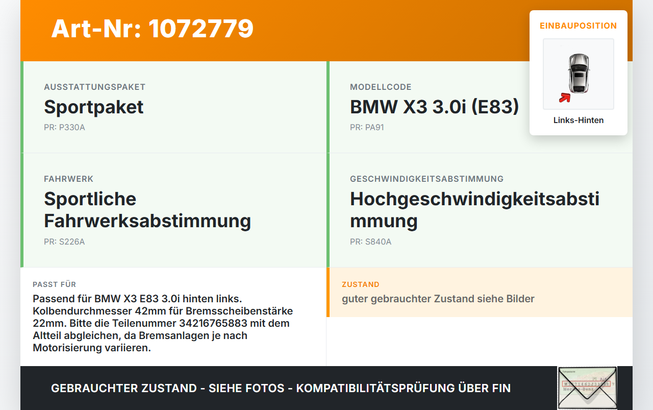 BMW X3 E83 03-06 3,0 170KW Bremssattel Bremszange Hinten Links 42/22 BMW X3 E83 03-06 12.11.2004 6765883... Vorschau 3