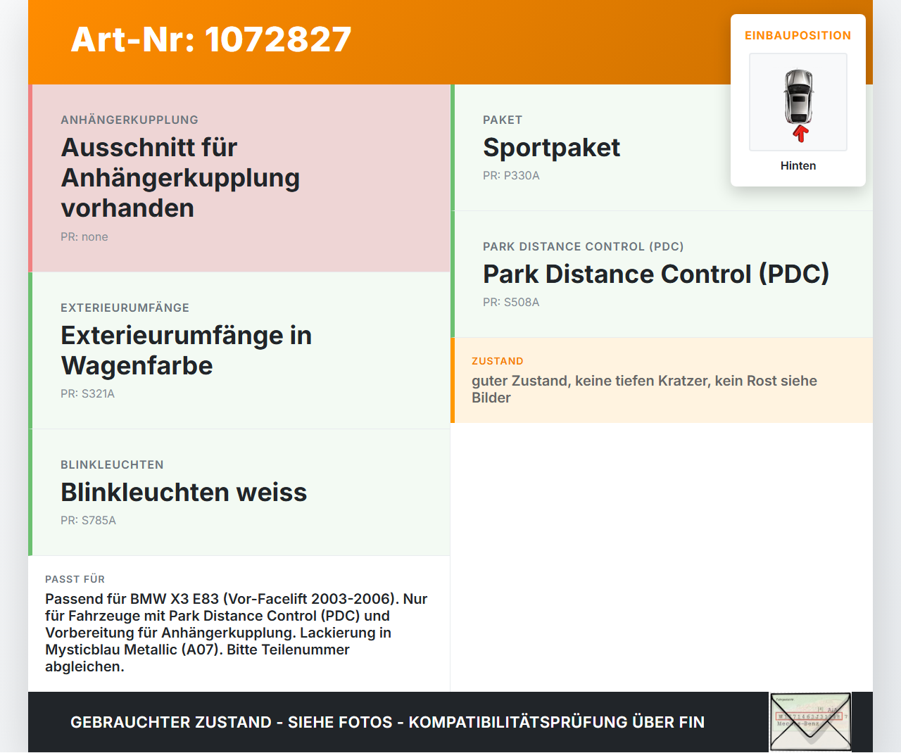BMW X3 E83 03-06 Stoßstange Stoßfänger Heckstoßstange PDC AHK Hinten A07 BMW X3 E83 03-06 12.11.2004 3400941... Vorschau 3
