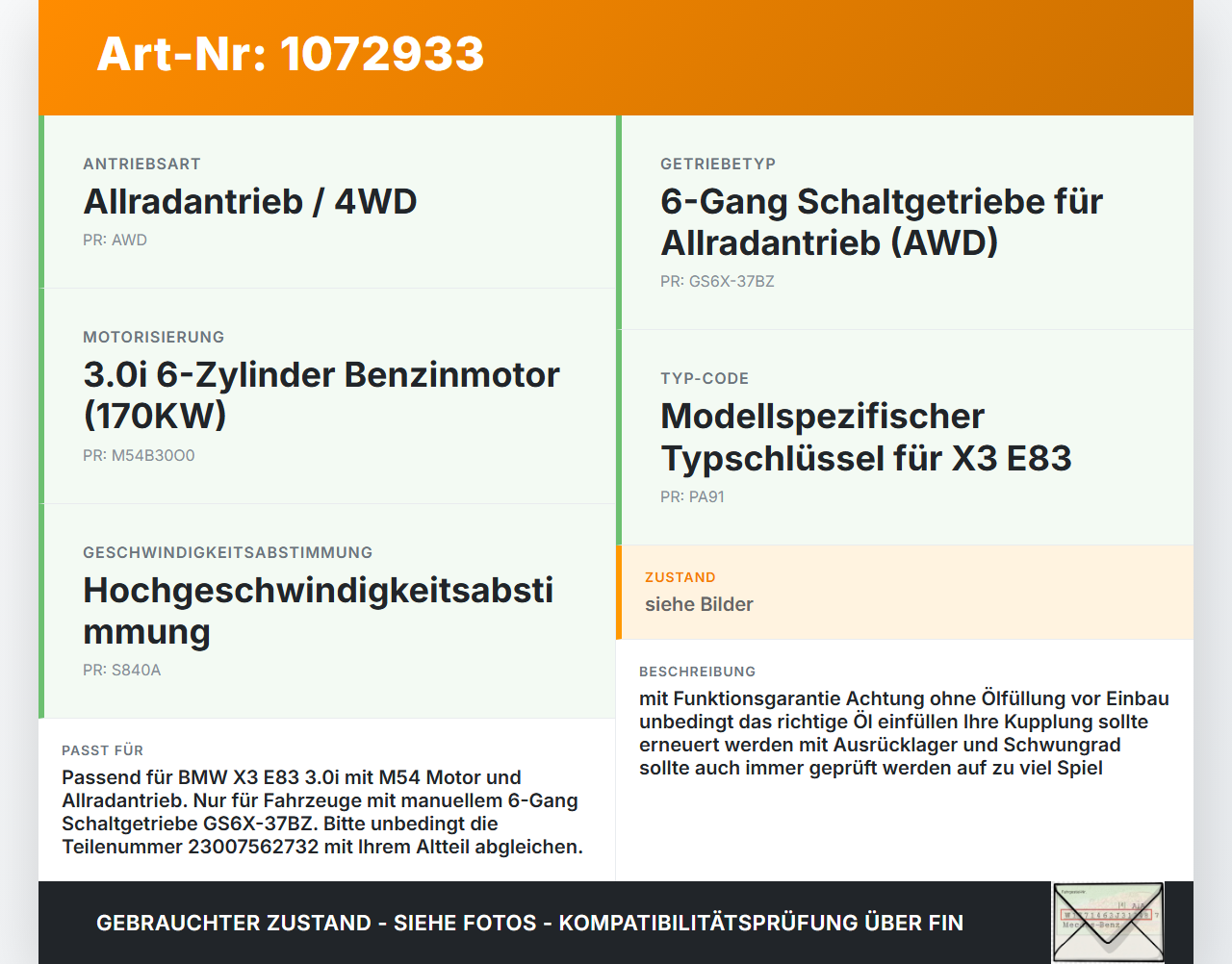 BMW X3 E83 03-06 3,0 170KW 4WD GS6X-37BZ Schaltgetriebe Getriebe BMW X3 E83 03-06 12.11.2004 7562732 23007562732... Vorschau 3