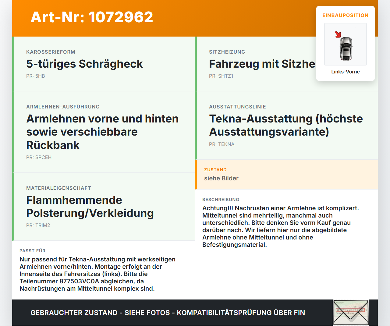 Nissan Note E12 13-17 Armlehne Auflage Links Vorne Innenseite Nissan Note E12 13-17 25.02.2016 877503VC0A gebraucht Vorschau 3